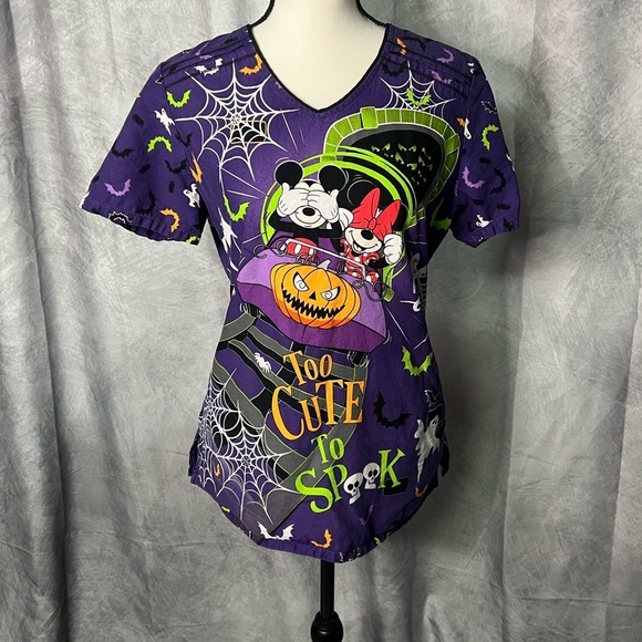 Disney Tops - Disney Mickey & Minnie Mouse Halloween Too Cute To Spook Purple Scrubbing Top